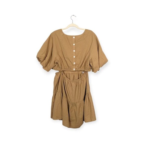 Madewell Dress 2XL Mini Seersucker Puff-Sleeve Cutout Tan Brown Plus Size - Picture 2 of 9